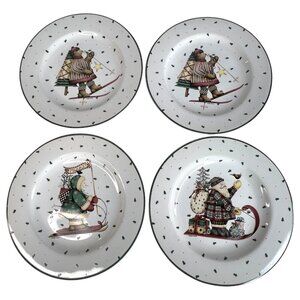 Set Of 4 Sakura Debbie Mumm Sledding Characters Ceramic Salad Plates 8.25 Skiing